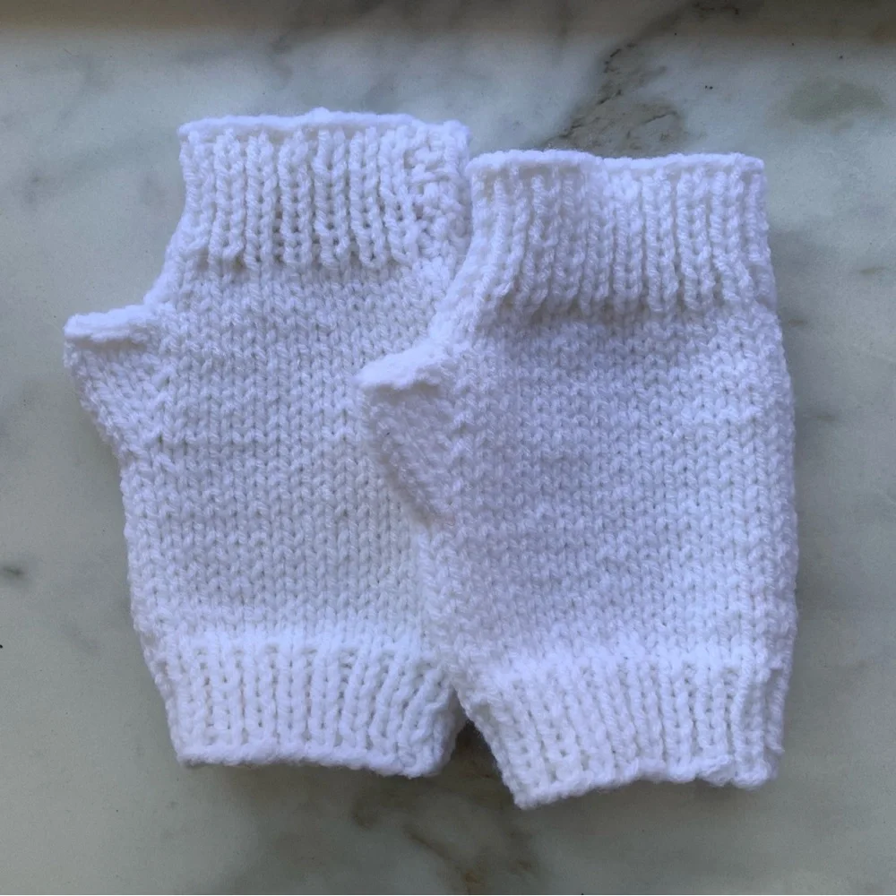 Handmade Homemade Hand Knit White Acrylic Yarn Hand Warmer Fingerless Gloves